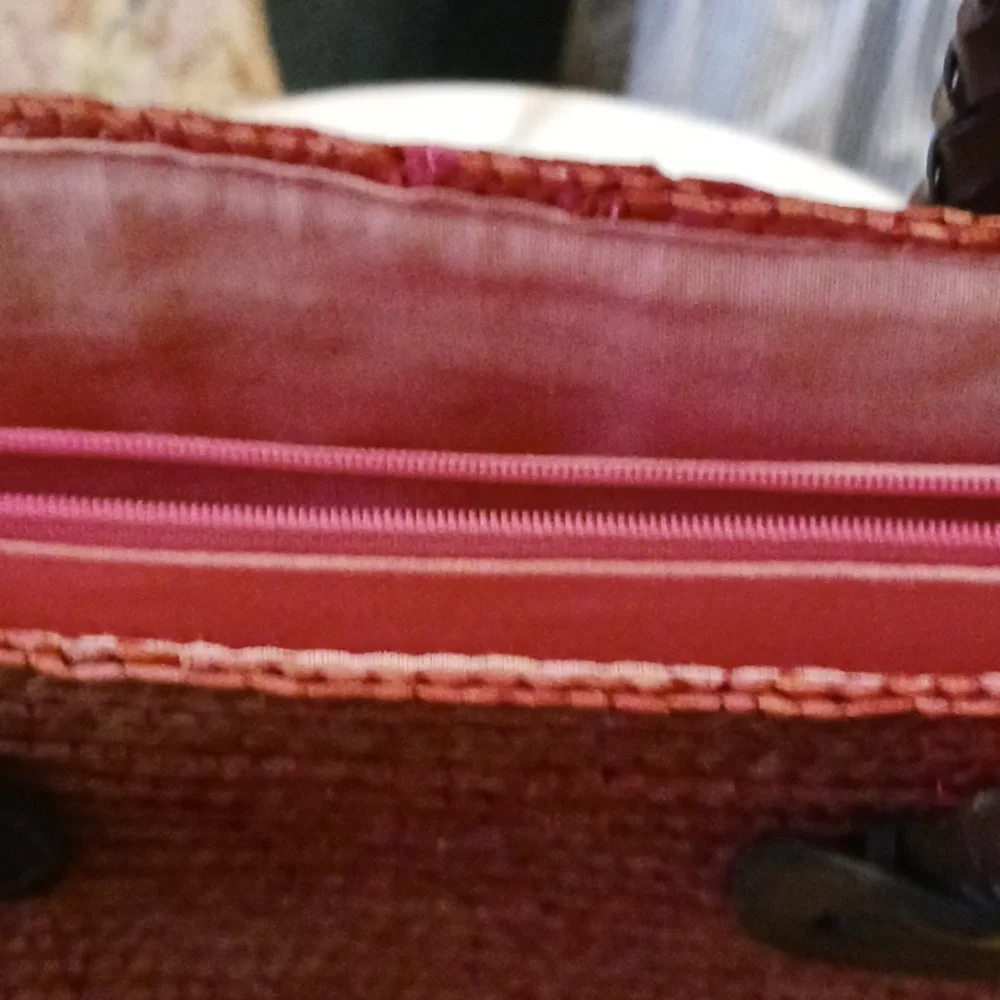 Pink Straw Satchel, 12 X 10, Vintage 1990s Bag, Linen Lined - Picture 6 of 6
